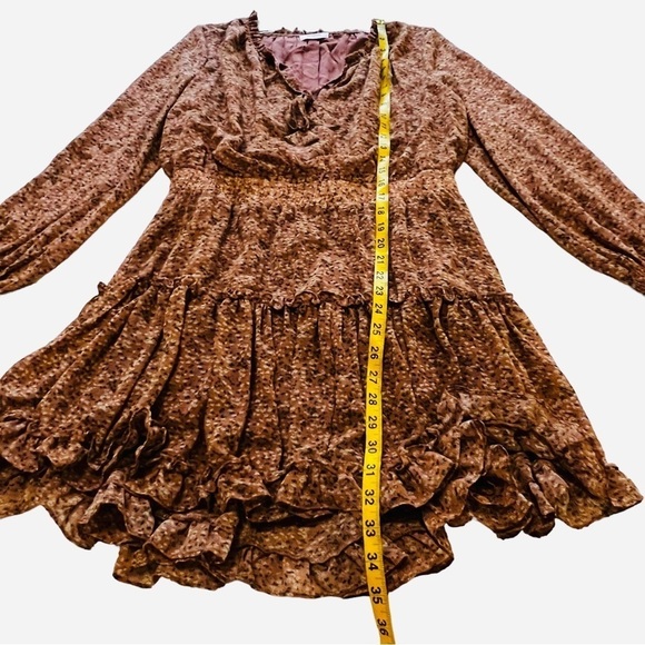 REVEROF Smocked Waist Ruffled Tie Neck Long Sleeve Boho Coquette Mini Dress L - Picture 14 of 16